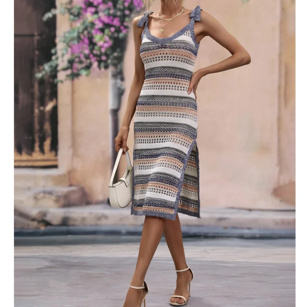 Miss Sparkling Knitted Striped Tie Shoulder Split Hem Dress Cover Up…